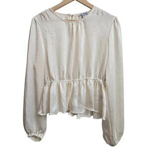 NWT Steve Madden Womens Silky Ivory Peplum Blouse M Boho Soft Romantic Peasant